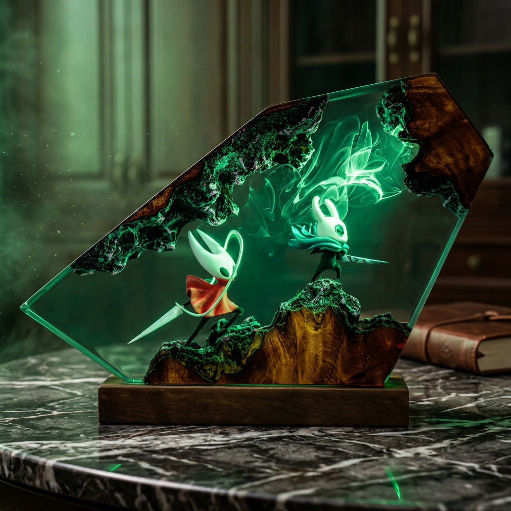Lampe ArcaneResin format cristal angulaire, scène de combat illuminée