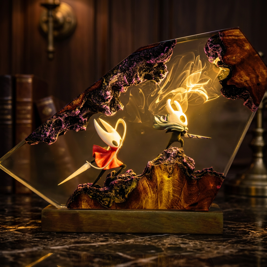 Lampe en résine Combat du Royaume Oublié, deux figures affrontées, socle en bois, format cristal angulaire
